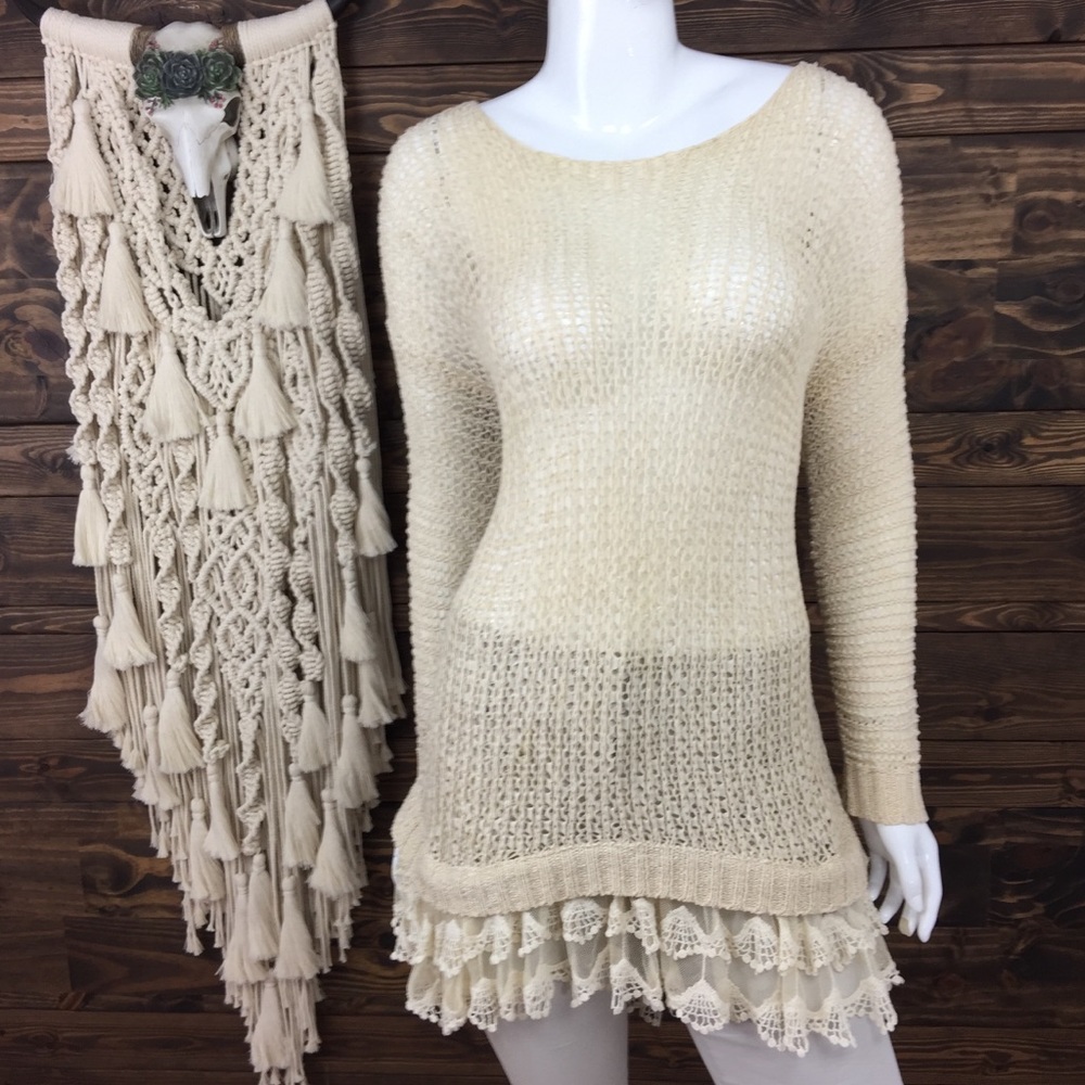 Entro‎ | Crochet Knit Lace Mesh Ruffle Tunic